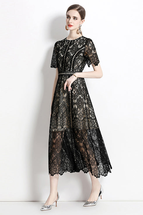 French-Style Adorable Black Crew Neck, Hollow Out Lace Exquisite Crochet Vintage Party, Cocktail, Wedding Guest Dress